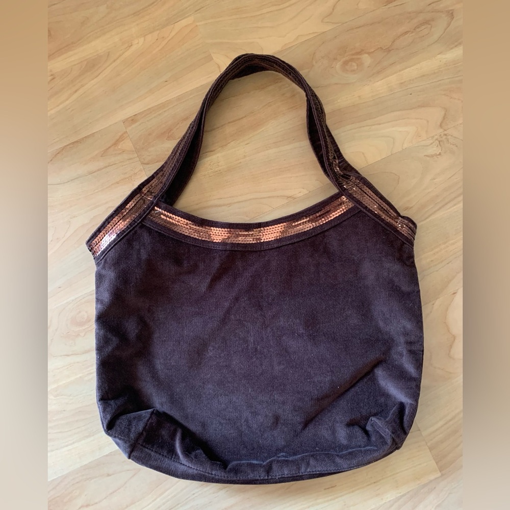Velvet-velour brown Y2K tote bag w/bronze sequins.